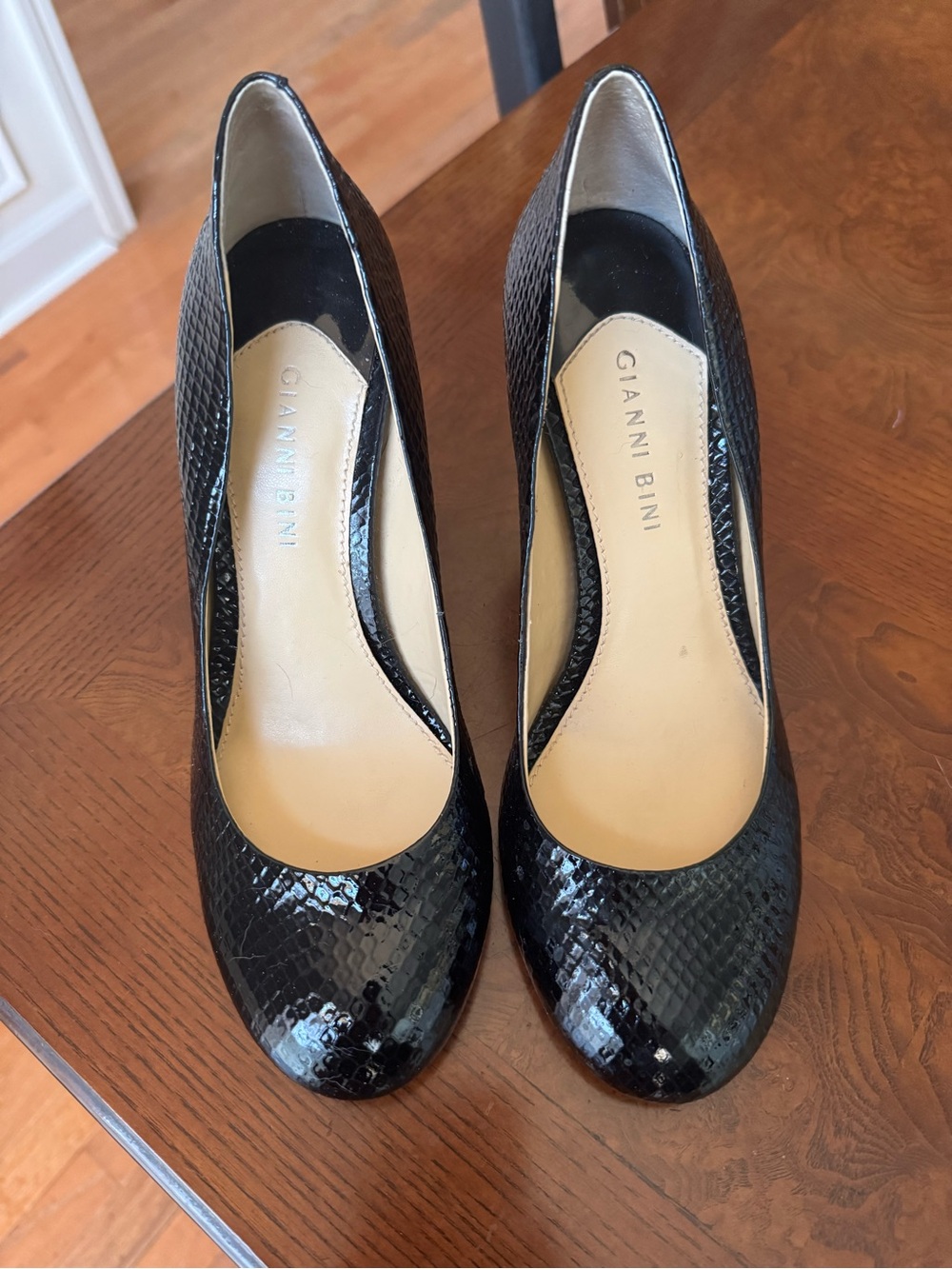 Gianni Bini Black Patent Snake-Embossed Heels